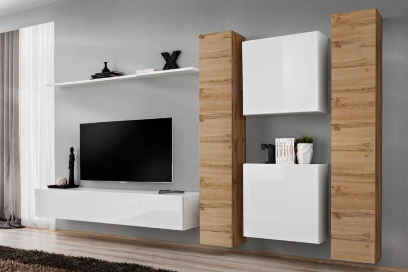 Xlmoebel Wohnwand Wandregal Weiß Möbel Schrank Stilvoll Wandschrank Komplettset, (6-St., Wohnwand + TV Ständer + 4x Wandschrank + Wandregal), Hergestellt in Europa von Xlmoebel