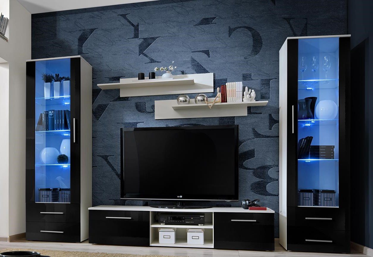 Xlmoebel Wohnwand Weiße Wohnkombination Wohnzimmermöbel Fernsehtisch Sideboard, (6-St., 1x Wohnwand + 1x TV Ständer + 2x Vitrine + 2x Wandregal), Hergestellt in Europa von Xlmoebel