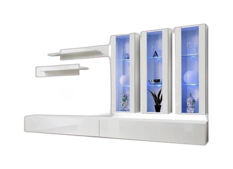 Xlmoebel Wohnwand Weiße Wohnwand Designer Hängeschrank TV Regal Beistelltisch Holz, (7-St., 1x Wohnwand + 2x TV Ständer + 3x Hänge Vitrine + 2x Wandregale), Hergestellt in Europa von Xlmoebel