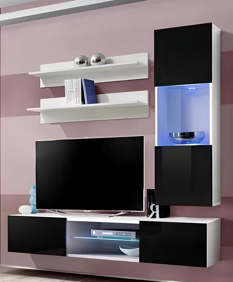 Xlmoebel Wohnwand Wohnaus Luxus Hänger Vitrine Möbel Wand-TV-Ständer, (5-St., 1x Wohnwand + 1x TV Ständer + 1x Hänge Vitrine + 2x Wandregal), Hergestellt in Europa von Xlmoebel