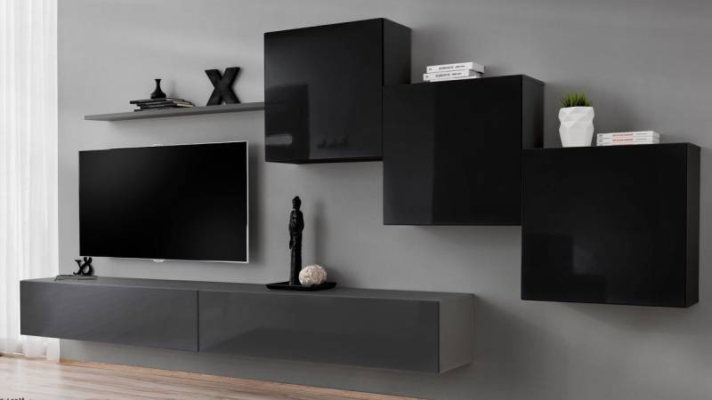 Xlmoebel Wohnwand Wohnen Set Wandregal TV-Möbel Grau Wohnanlage Luxus Schrank Stil, (7-St., Wohnwand + 2x TV Ständer + 3x Wandschrank + Wandregal), Hergestellt in Europa von Xlmoebel