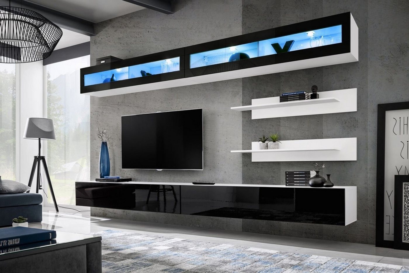 Xlmoebel Wohnwand Wohnkombination Set 6 tlg Luxus Wohnzimmer TV-Regal Wandgestaltung, (7-St., Wohnwand + 2x TV Ständer + 2x Wandschrank + 2x Wandregale), Hergestellt in Europa von Xlmoebel