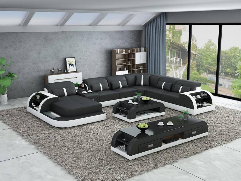 Xlmoebel Wohnzimmer-Set Wohnlandschaft Ecksofa in U-Form mit Tisch aus Leder, 2-teiliges Set, (Ecksofa U-Form + Couchtisch), Hergestellt in Europa von Xlmoebel