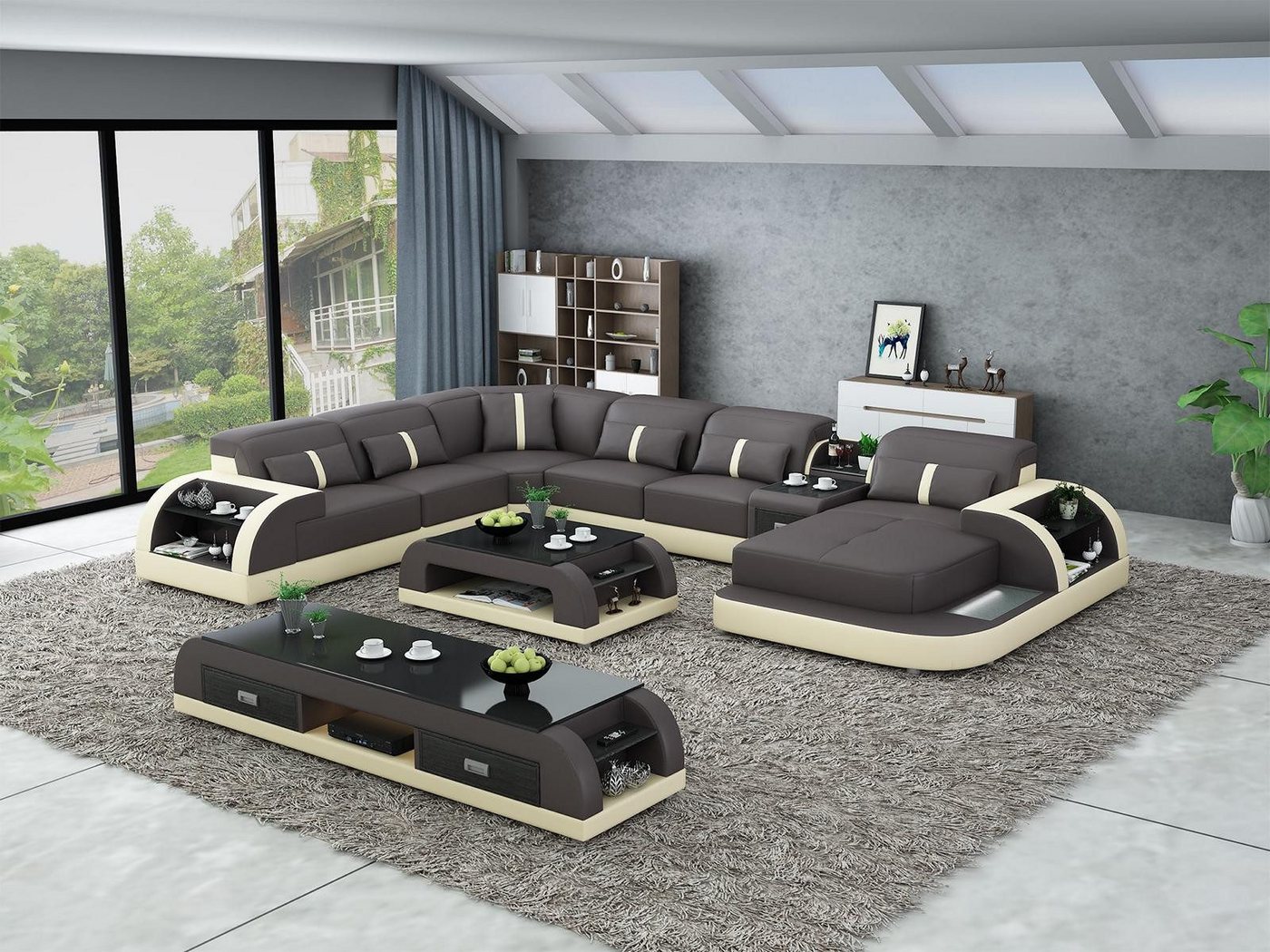 Xlmoebel Wohnzimmer-Set Wohnlandschaft Ecksofa in U-Form mit Tisch aus Leder, 2-teiliges Set, (Ecksofa U-Form + Couchtisch), Hergestellt in Europa von Xlmoebel