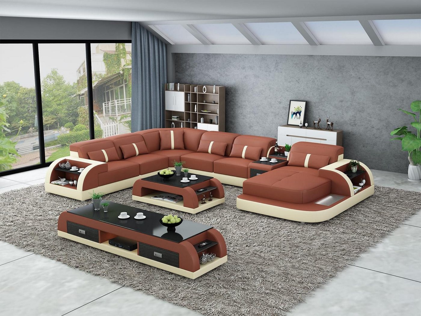 Xlmoebel Wohnzimmer-Set Wohnlandschaft Ecksofa in U-Form mit Tisch aus Leder, 2-teiliges Set, (Ecksofa U-Form + Couchtisch), Hergestellt in Europa von Xlmoebel