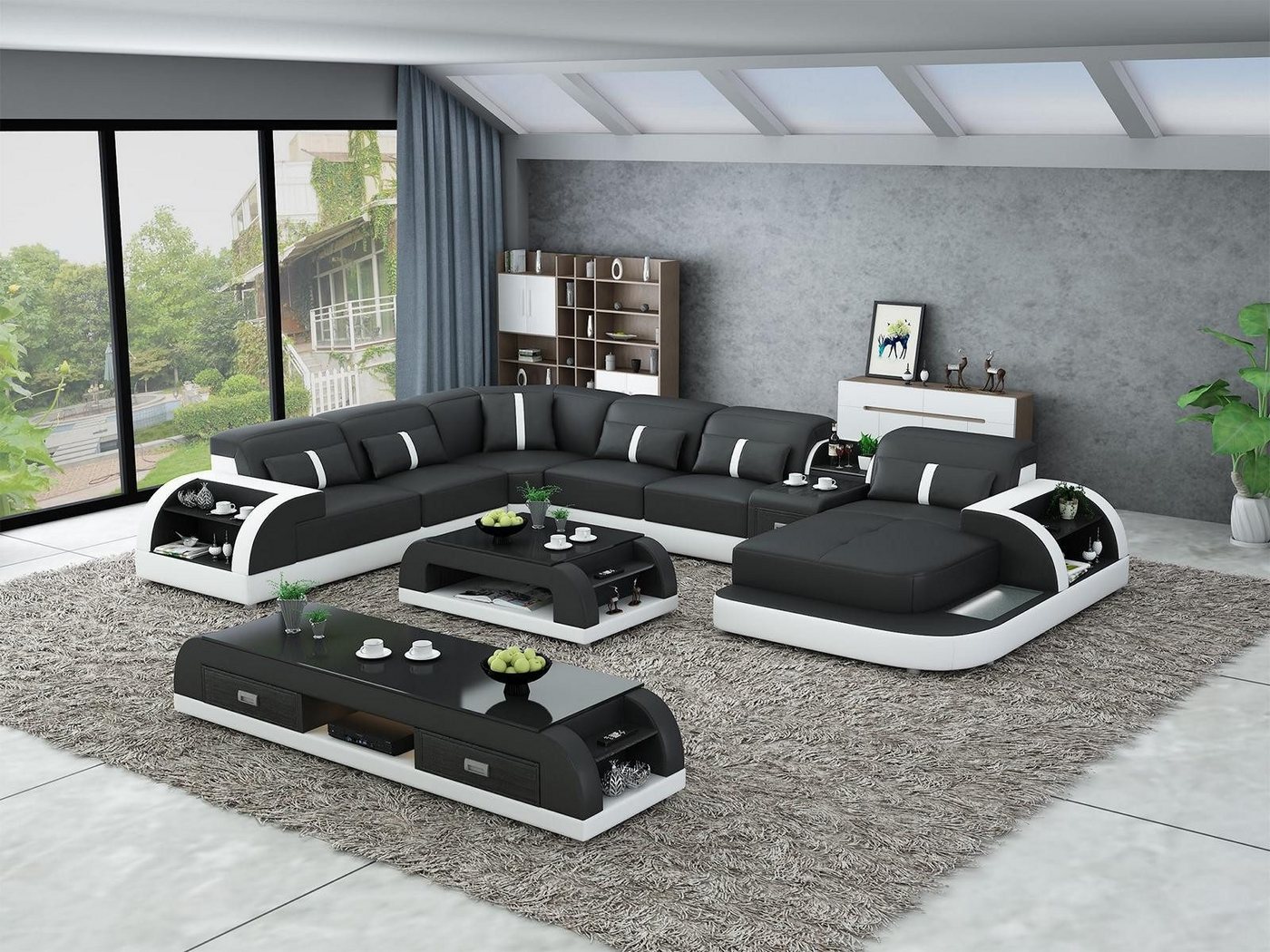 Xlmoebel Wohnzimmer-Set Wohnlandschaft Ecksofa in U-Form mit Tisch aus Leder, 2-teiliges Set, (Ecksofa U-Form + Couchtisch), Hergestellt in Europa von Xlmoebel