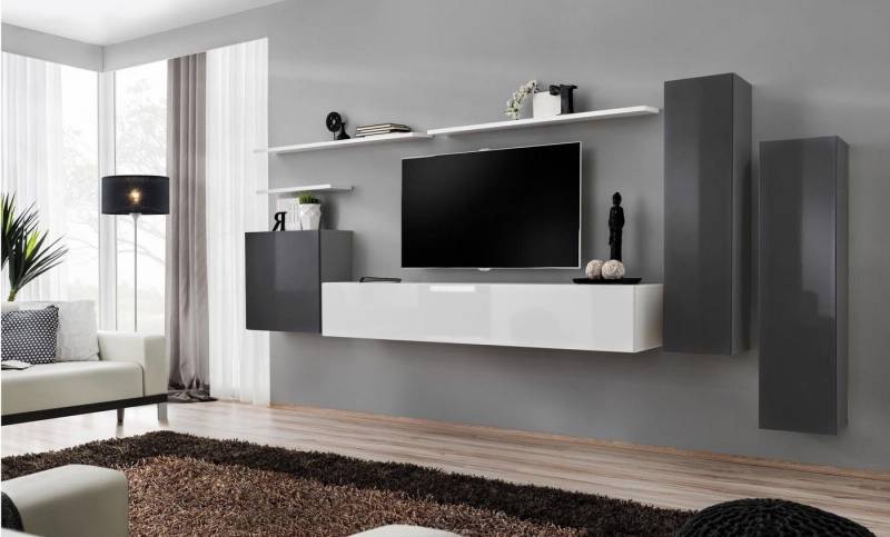 Xlmoebel Wohnwand Wohnregal Grau Möbel Wohnzimmer Designer Luxus TV Halter Holz, (8-St., 1x Wohnwand + 1x TV Ständer + 3x Wandschrank + 3x Wandregal), Hergestellt in Europa von Xlmoebel