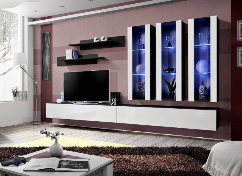 Xlmoebel Wohnwand Wohnregal Hängeschrank Wohnzimmer Lowboard Fernsehtisch, (8-St., 1x Wohnwand + 2x TV Ständer + 3x Hänge Vitrine + 2x Wandregale), Hergestellt in Europa von Xlmoebel