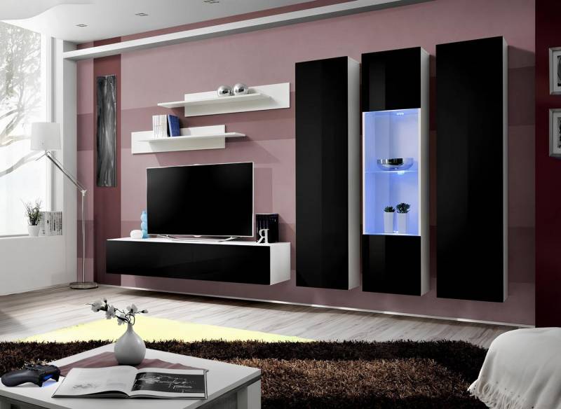Xlmoebel Wohnwand Wohnregal Set Design Wand Regal Wohnzimmer Holz Hängevitrine, (7-St., 2x Wandregal, Wohnwand, Vitrine, 2x Wandschrank, TV Ständer), Hergestellt in Europa von Xlmoebel