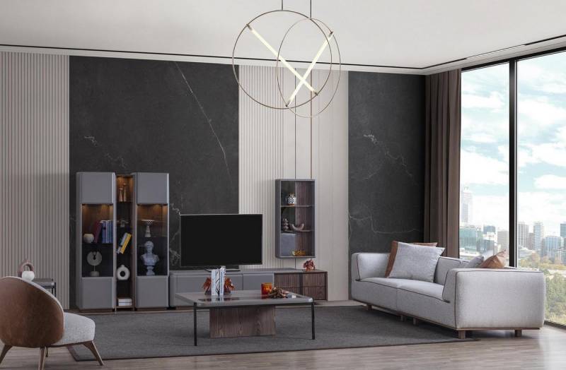 Xlmoebel Wohnzimmer-Set Moderne Wohnwand mit Sofas und Vitrine im 7-teiligen Set, (7-St., Sofa+Sessel+TV-Schrank+2x Vitrine+Wandregal+Couchtisch), Hergestellt in Europa von Xlmoebel