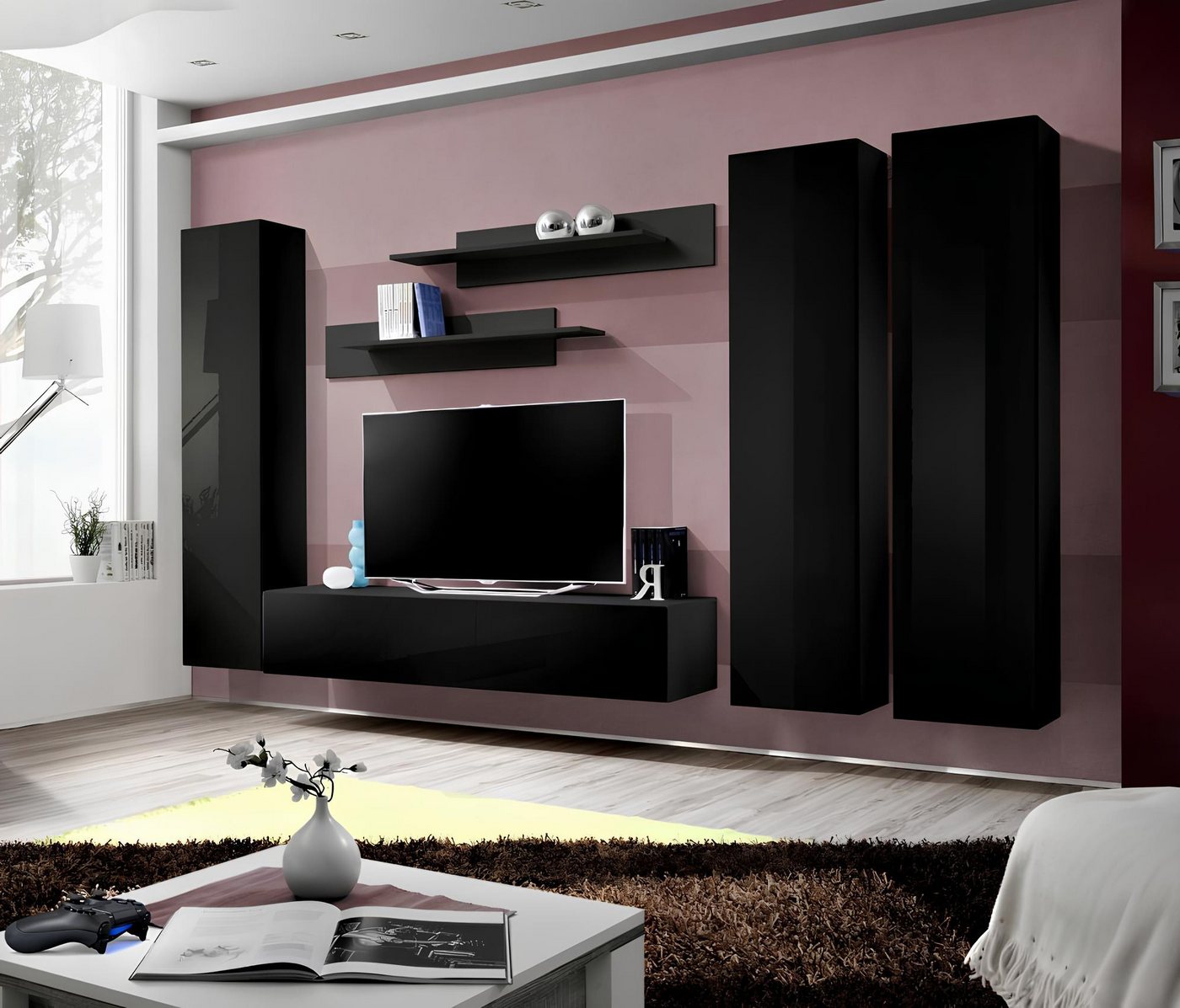 Xlmoebel Wohnwand Wohnzimmer TV-Möbel Lowboard aus Holz in Schwarz Wandschrank, (7-St., Wohnwand, 3x Wandschrank, TV Ständer,2x Wandregal), Hergestellt in Europa von Xlmoebel