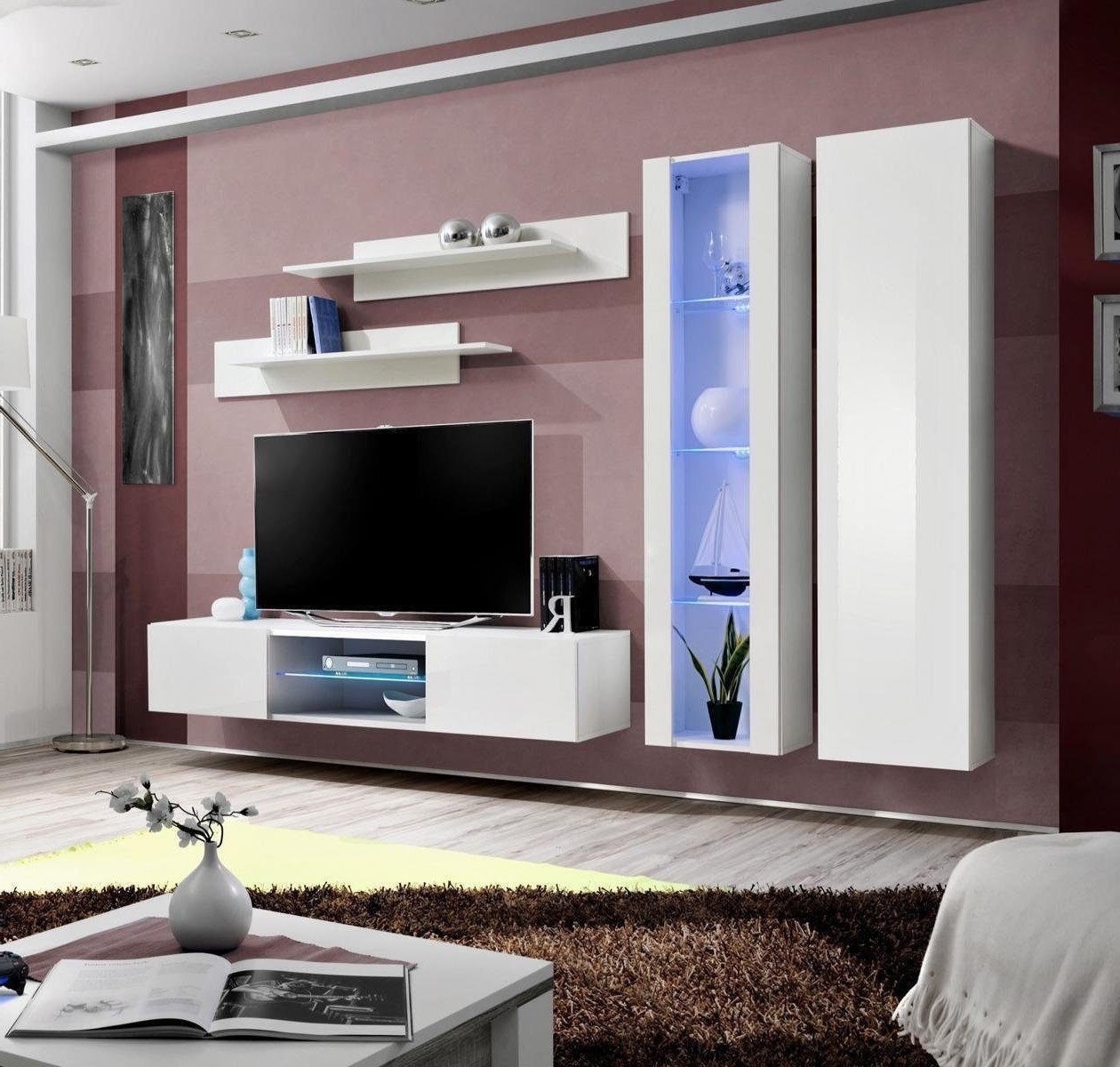 Xlmoebel Wohnwand Wohnzimmer Weiße Einrichtung Wandregal Wandvitrine Wandboard, (6-St., 1x Wohnwand+1x TV Ständer+1x Wandschrank+1x Hänge Vitrine+2x Wandregal), Hergestellt in Europa von Xlmoebel