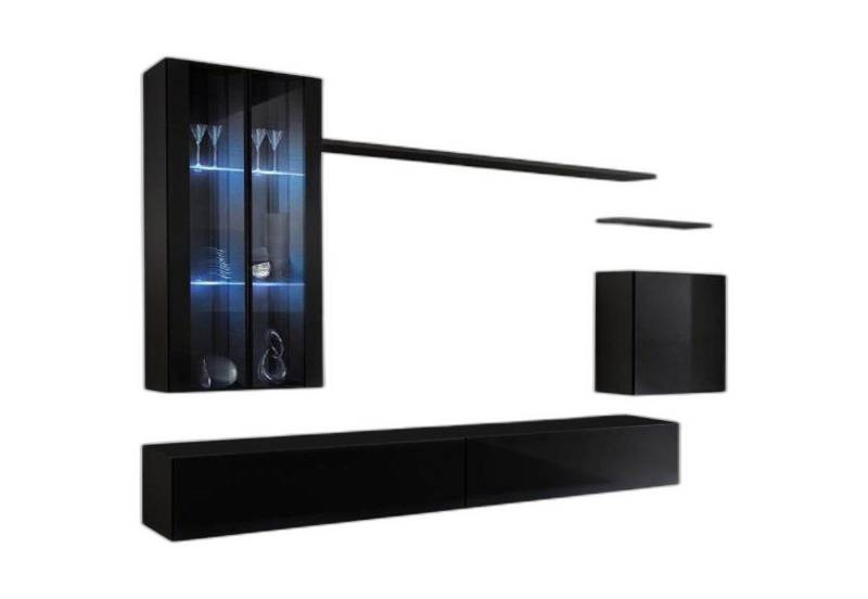 Xlmoebel TV-Wand Wohnzimmerausstattung Wandregal Wandschrank Kommode Schwarz, (7-St., 1x Wohnwand + 2x TV Ständer + 3x Wandschrank + 2x Wandregal), Hergestellt in Europa von Xlmoebel