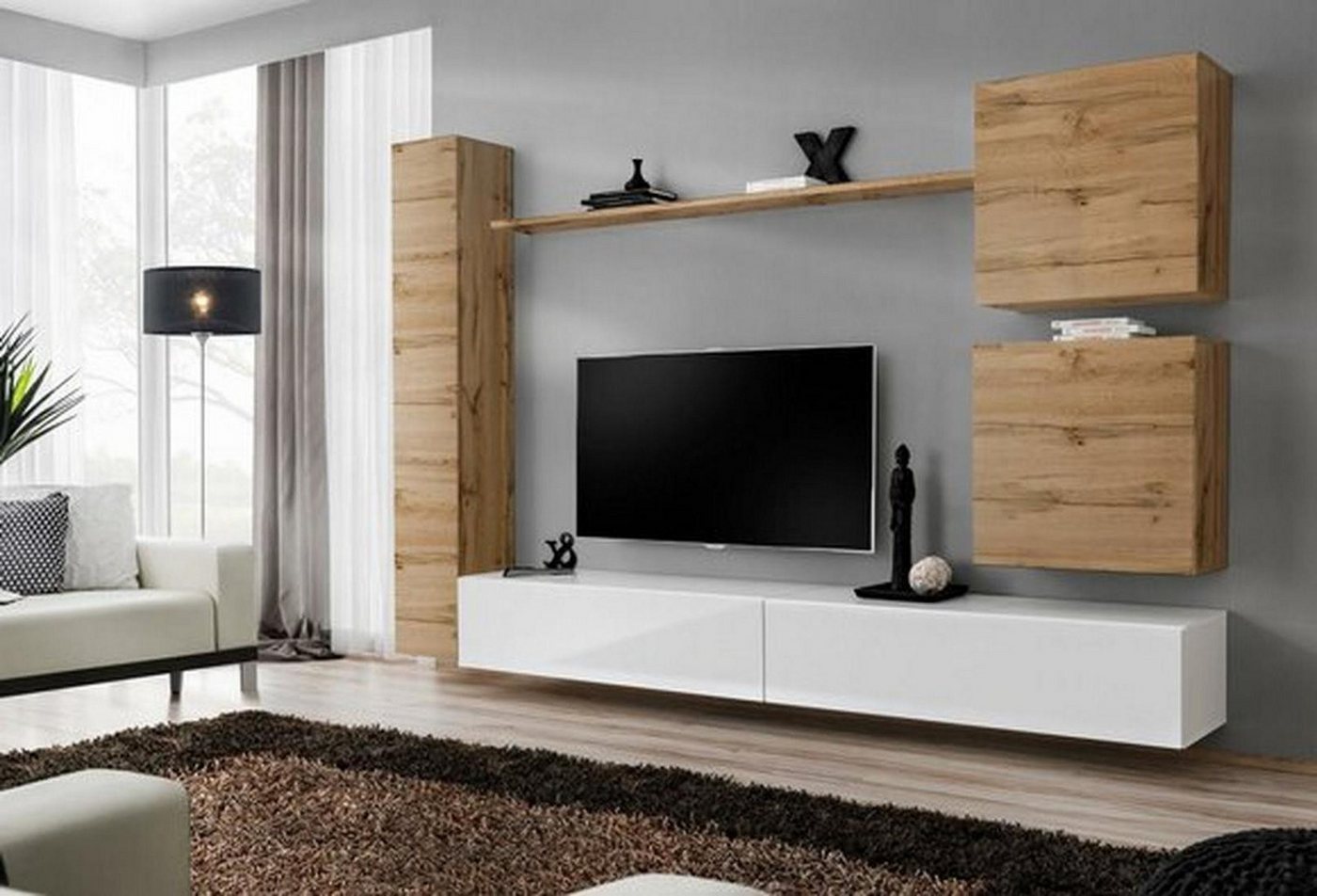 Xlmoebel Wohnwand Wohnzimmermöbel Wandregal Designer TV-Halterung, (7-St., 1x Wohnwand + 2x TV Ständer + 3x Wandschrank + 1x Wandregal), Hergestellt in Europa von Xlmoebel