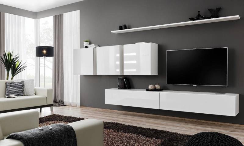 Xlmoebel Wohnzimmer-Set Wohnzimmermöbel Weiß Kommode Stilvoll Modern Holzdesign, (8-St., 1x Wohnwand + 2x TV Ständer + 3x Wandschrank + 2x Wandregal), Hergestellt in Europa von Xlmoebel