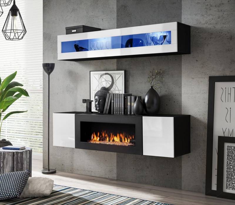 Xlmoebel Wohnzimmer-Set Wohnzimmerwand Set 2-teilig Sideboard mit Feuerstelle Möbel Hochglanz, (3-St., 1x Wohnwand + 1x Sideboard + 1x Wandschrank), Hergestellt in Europa von Xlmoebel