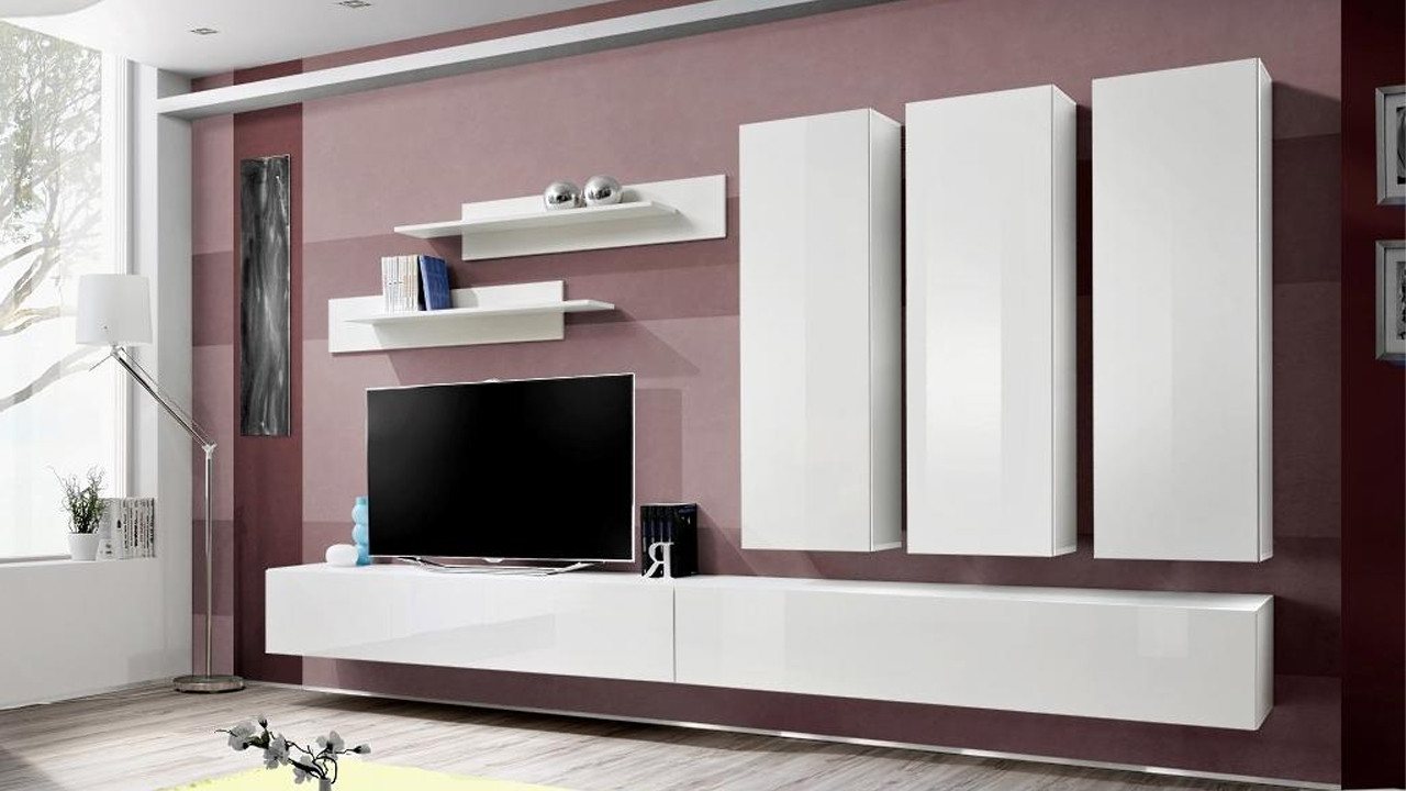 Xlmoebel Wohnwand Wohnzimmerwand Set Holzdesign Möbelstücke für Wohnraum, (8-St., Wohnwand + 2x TV Ständer + 3x Wandschrank + 2x Wandregale), Hergestellt in Europa von Xlmoebel