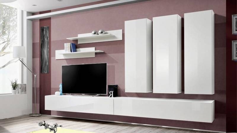 Xlmoebel Wohnwand Wohnzimmerwand Set Holzdesign Möbelstücke für Wohnraum, (8-St., Wohnwand + 2x TV Ständer + 3x Wandschrank + 2x Wandregale), Hergestellt in Europa von Xlmoebel