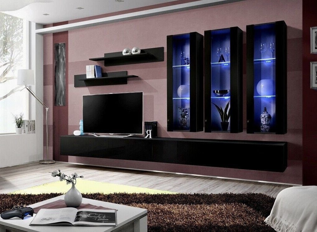 Xlmoebel Wohnwand Zeitgemäße Gestaltung TV-Regal aus Holz für Wohnraum, (8-St., 1x Wohnwand + 2x TV Ständer + 3x Hänge Vitrine + 2x Wandregale), Hergestellt in Europa von Xlmoebel