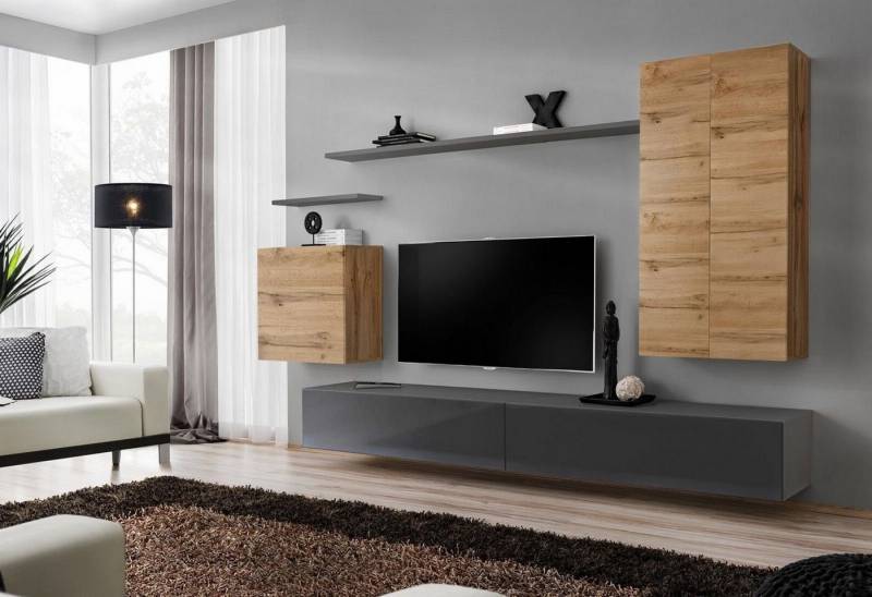 Xlmoebel Wohnzimmer-Set Zeitgemäße Wohnwand schwebender Schrank rtv Wohnraum Wandregal, (8-St., 1x Wohnwand + 2x TV Ständer + 3x Wandschrank + 2x Wandregal), Hergestellt in Europa von Xlmoebel