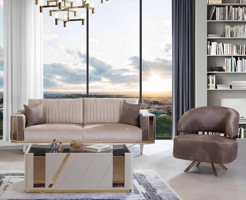 Xlmoebel Wohnzimmer-Set Zeitgemäße Wohnzimmereinrichtung vom Designer Beige Dreisitzer Sessel, (3tlg.Wohnzimmer Set (Sofagarnitur 3+1 Sitzer + Couchtisch), Hergestellt in Europa von Xlmoebel