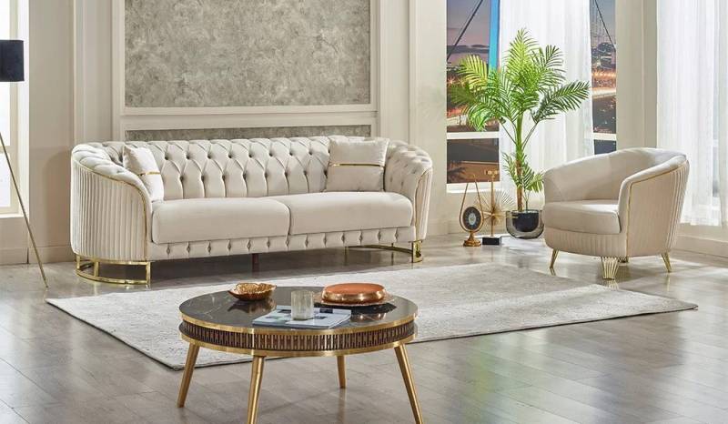 Xlmoebel Polstergarnitur Zeitgemäßes Dreisitzer-Sofa in Weiß mit Chesterfield-Sessel aus Textil, (2tlg Wohnzimmer Set (Sofa 3 Sitzer + Sessel), Hergestellt in Europa von Xlmoebel