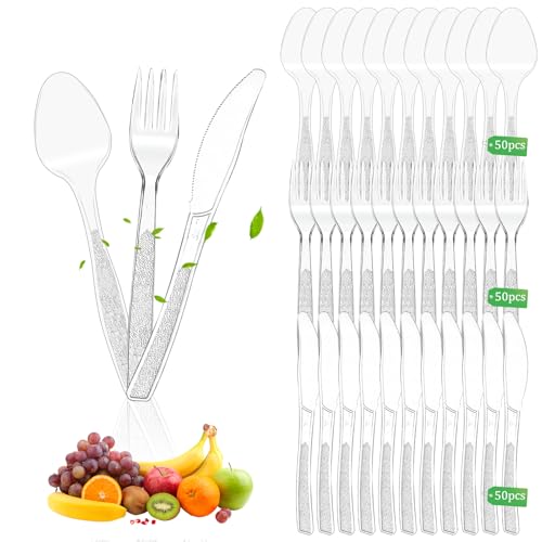 Xmart 150 stück Plastikbesteck Wiederverwendbaren Mehrweg Besteck Set Strapazierfähiges Partybesteck Verdickter für Familienfeiern Outdoor Dinner Partys Geburtstagsfeiern Hochzeiten Durchsichtig von Xmart