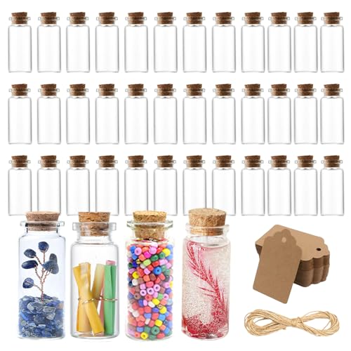 Xmart 40 Stück 10ml Mini Glasflaschen Transparent Kleine Gläser mit Korken Flaschen zum Befüllen Wunschflaschen mit Hängeetiketten Zwirn Glasfläschchen mit Korken für DIY Hochzeitsdeko Gewürzgläser von Xmart