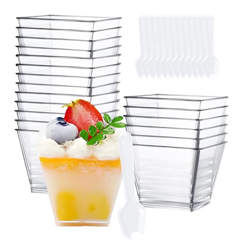 Xmart 60 stück Dessertgläser Plastik Klare Dessertbecher Wiederverwendbar Desert Becher mit Löffeln Quadratischer für Pudding Mousse Eis Geburtstag Hochzeiten Picknick Party Buffets 60ml von Xmart
