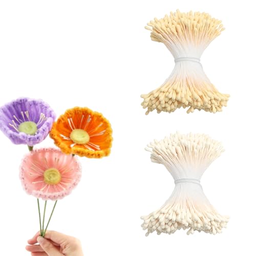 Xmart 840 stück Doppelköpfe Perle Blume Staubblatt Künstliche Blütenstaubblätter Blumen Staubblätter Matte Staubgefäße in Gelb Milchig Weiß mit Perlen Köpfen 2mm für Blumen Basteln DIY Dekoration von Xmart