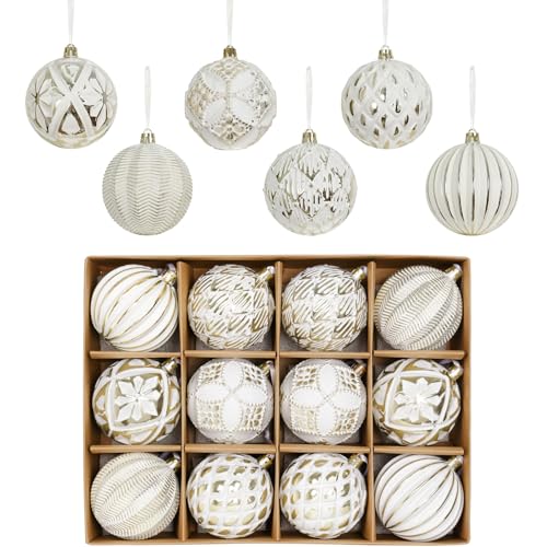 XmasExp Rustikale Weihnachtskugel-Ornament-Sets im Landhausstil, bruchsicher, antiker traditioneller Stil, Weihnachtsdekoration zum Aufhängen (Weißgold, 12 Stück) von XmasExp