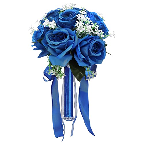 Xnferty 2 Stück Hochzeits-Brautsträuße, 9,45 Zoll, Handgefertigt, Individuelle Braut-Rosensträuße, Künstliche Brautjungfern-Blumen, Echt Aussehende Gemischte Blumen mit Grünen(2 Stück blau) von Xnferty