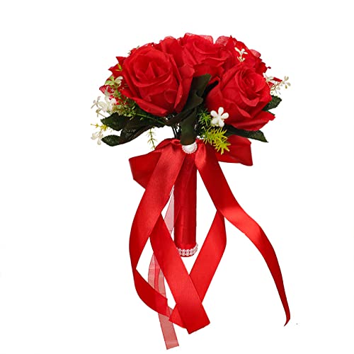 Xnferty 2 Stück Hochzeits-Brautsträuße, 9,45 Zoll, Handgefertigt, Individuelle Braut-Rosensträuße, Künstliche Brautjungfern-Blumen, Echt Aussehende Gemischte Blumen mit Grünen Blättern(Rot) von Xnferty
