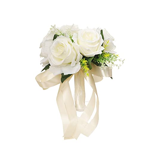 Xnferty 2 Stück Hochzeits-Brautsträuße, 9,45 Zoll, Handgefertigt, Individuelle Braut-Rosensträuße, Künstliche Brautjungfern-Blumen, Echt Aussehende Gemischte Blumen mit Grünen Blättern(Weiß) von Xnferty