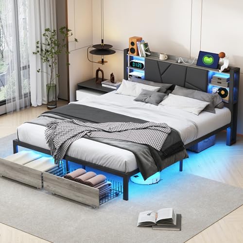 Xnferty Stauraumbetten 160x200, Funktionsbett mit 2 Großer Schubladen, Bettrahmen, Polsterbett, Bettrahmen mit LED-Beleuchtung und USB Ladefunktion, Stauraumbet, Regalkopfteil mit Stauraum Xnferty Stauraumbetten 160x200, Funktionsbett mit 2 Großer Schubladen, Bettrahmen, Polsterbett, Bettrahmen mit LED-Beleuchtung und USB Ladefunktion, Stauraumbet, Regalkopfteil mit Stauraum von Xnferty