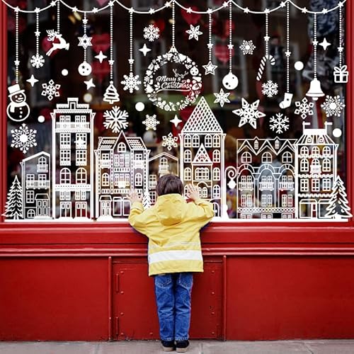 Xnova 5 Blatt Große Weiß Fensterbilder Weihnachten Selbstklebend mit Häuser Schneeflocken, Fenster Deko Weihnachts Winter Fensteraufkleber Wiederverwendbar Weihnachtsdeko(Weiß) von Xnova