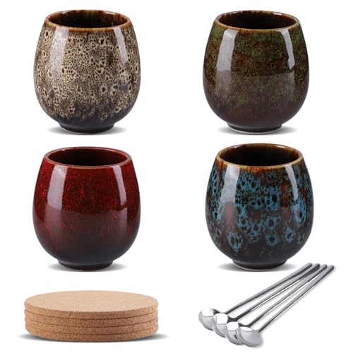 Japanische Teetasse, 4er-Set 200 ml Tassen aus Porzellan, Cappuccino Tassen Set, Kaffeetasse Teetasse mehrfarbige, Flammglasierte Keramikbecher, Keramik Tasse in modernem Design für Kaffee und Tee von Xnqelerate