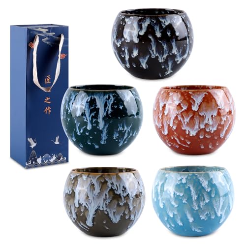 Keramiktasse Espressotassen Set, 5-teilig Espressotassen Steingut, 140 ml Design Kaffee-Tasse, Ohne Henkel Tee-Tasse Set, Kaffeebecher Espresso Tassen aus Keramik für Kaffee, Latte und Tee von Xnqelerate