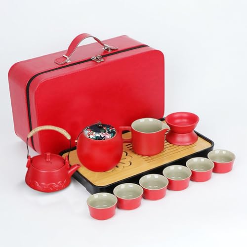 Xnqelerate Chinesisches Tragbare Gongfu Tee-Set, Chinesisches Kungfu Keramik Teeservice, Tragbare Reisetasche, Japanisches Porzellan Tee-Set, Reise-Teeset Geschenk, Rot von Xnqelerate