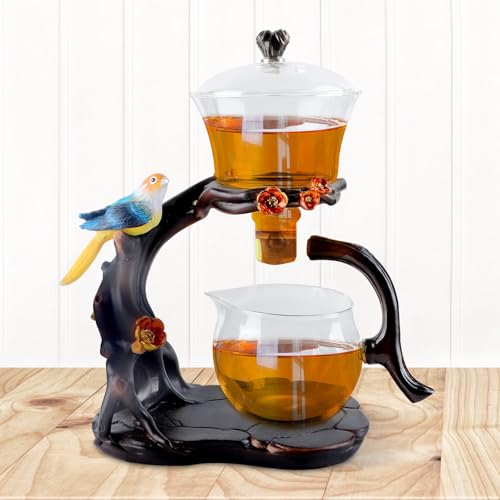 Xnqelerate Drip Rotating Lazy Kungfu Teekanne Set, Halbautomatisches Tee Set, Hitzebeständiges Glas-Tee-Set, Chinesisches/Japanisches Lazy Glaskanne Für Teeliebhaber, Vogel von Xnqelerate
