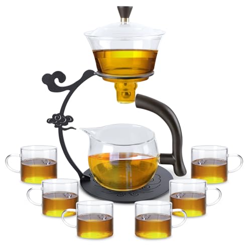 Xnqelerate Drip Rotating Lazy Kungfu Teekanne Set (Wolken), Teebereiter mit Teesieb, Großmengen-Teebereiter, Halbautomatisches Tee-Set aus Glas, Glaskanne mit 6 Teetassen von Xnqelerate