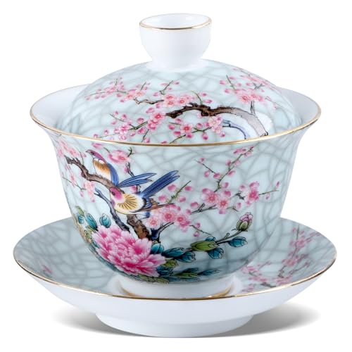 Xnqelerate Gaiwan Keramik-Set, Traditionelle Chinesische Teetasse, Kung Fu Teetasse mit Deckel und Untertasse, Weiß Porzellan Teetasse Sancai Teeschale(Elster und Pflaumenblüte 7 OZ) von Xnqelerate