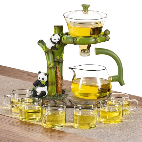 Xnqelerate Lazy Kungfu Glas-Teeservice, Halbautomatisches Tee-Set aus Glas, Teebereiter mit Teesieb, Drip Rotating Glaskanne, Hitzebeständige Teekanne mit 6 Teetassen (Grüner Panda) von Xnqelerate