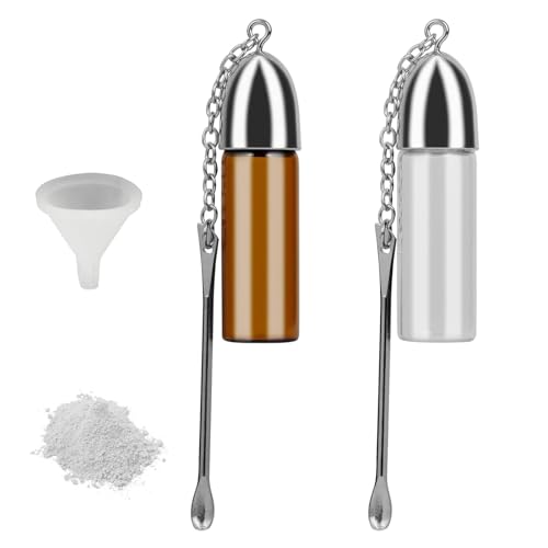 XoeLLe 2 Stück Pulver Dosierer, Mini Glasflasche, Schnupftabakdose, Dosierer Portionierer Snuff, Gewürzpulver Dosierer Werkzeuge mit Löffel, mit Mini-Trichter, für Outdoor, Reisen (57mm) von XoeLLe