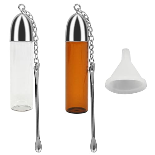 XoeLLe 2 Stück Pulver Dosierer, Mini Glasflasche, Schnupftabakdose, Dosierer Portionierer Snuff, Gewürzpulver Dosierer Werkzeuge mit Löffel, mit Mini-Trichter, für Outdoor, Reisen (72mm) von XoeLLe
