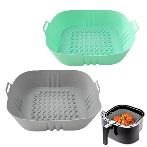 XoeLLe 2 Stück Silikonform für Heißluftfritteuse Air Fryer Liners Silikon Pot Liners Backpapier Rund Korb Wiederverwendbar Silikoneinsatz für Heißluftfritteuse Zubehör für Mikrowelle, Rechteckwelle von XoeLLe