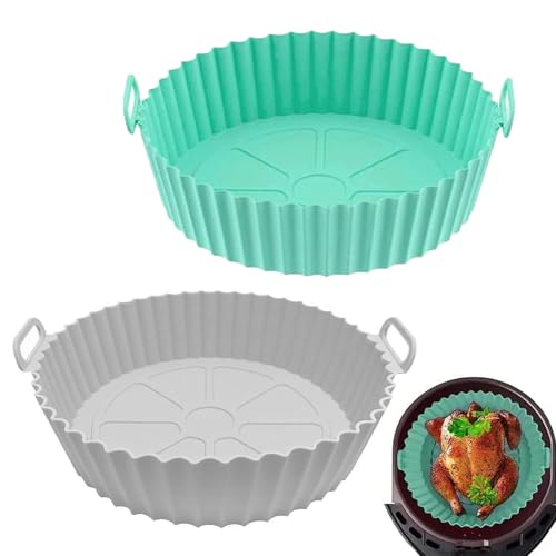 XoeLLe 2 Stück Silikonform für Heißluftfritteuse Air Fryer Liners Silikon Pot Liners Backpapier Rund Korb Wiederverwendbar Silikoneinsatz für Heißluftfritteuse Zubehör für Ofen Mikrowelle, Großes von XoeLLe