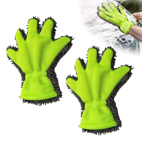XoeLLe 2 Stück Waschhandschuh Auto, Mikrofaser Putzhandschuhe, 5 Finger Waschhandschuh, Autopflege, Autoreinigung, Doppelseitiges Autohandschuhe für Autopflege und Autowäsche, Kratzfrei Saugstark von XoeLLe