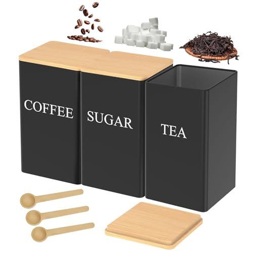 XoeLLe 3 Teiliges Eckig Vorratsdosen Mit Deckel Luftdicht, Vorratsbehälter, Kaffeedose Mit Deckel Küche, Aufbewahrungsbox Mit Deckel Küche Mit Bambusdeckel und Löffel, für Kaffee Müsli Zucker von XoeLLe