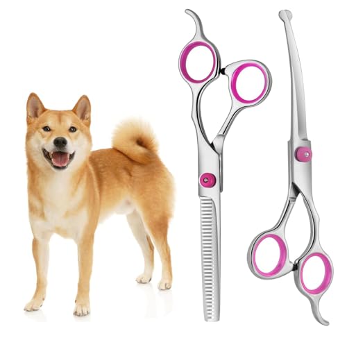 XoeLLe Hundeschere Fellschere für Hunde und Katzen, Lot de 2 Hundeschere Set Profi, Haustierschere mit Runder Sicherheitsspitze, Gebogene Fellpflegeschere Haarschere für Hundefriseur Anfänger (Rosa) von XoeLLe